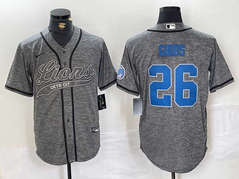 Men%27s Detroit Lions #26 Jahmyr Gibbs Grey Gridiron With Patch Cool Base Stitched Baseball Jersey